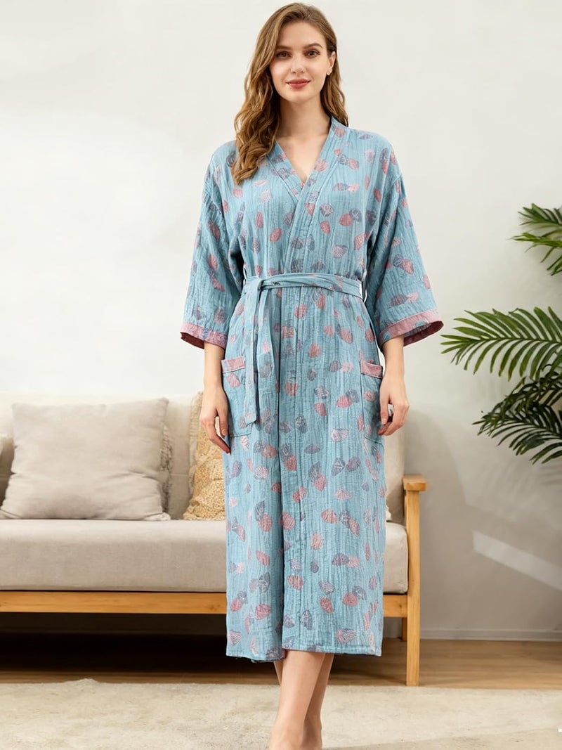 ENGLUCK Store Cotton Gauze Robe for Wome Plus Size Kimono Robe Muslin Bathrobe with Belt Pocket Loungewear Yukata Sleepwear - Image 2